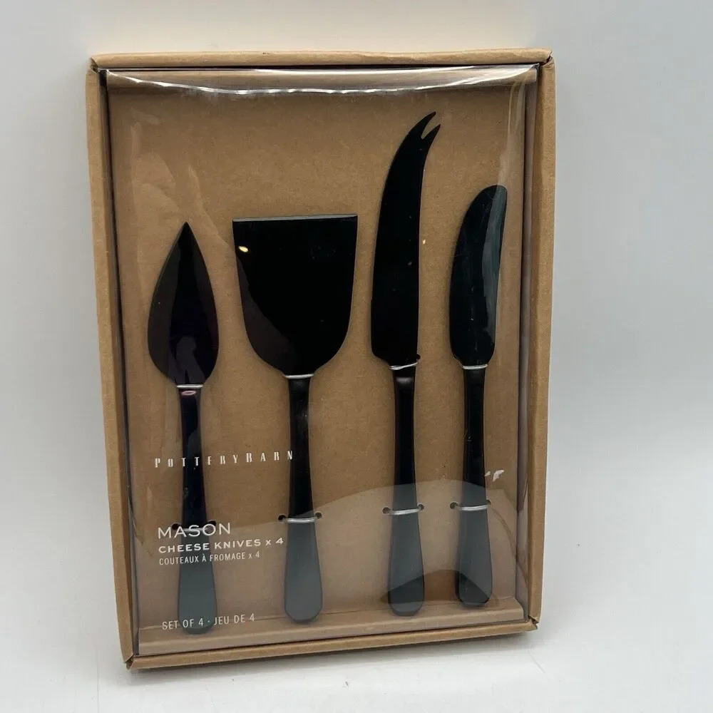 Set 4 NEW Black Pottery Barn Mason Cheese Knives Satin Gunmetal Charcuterie